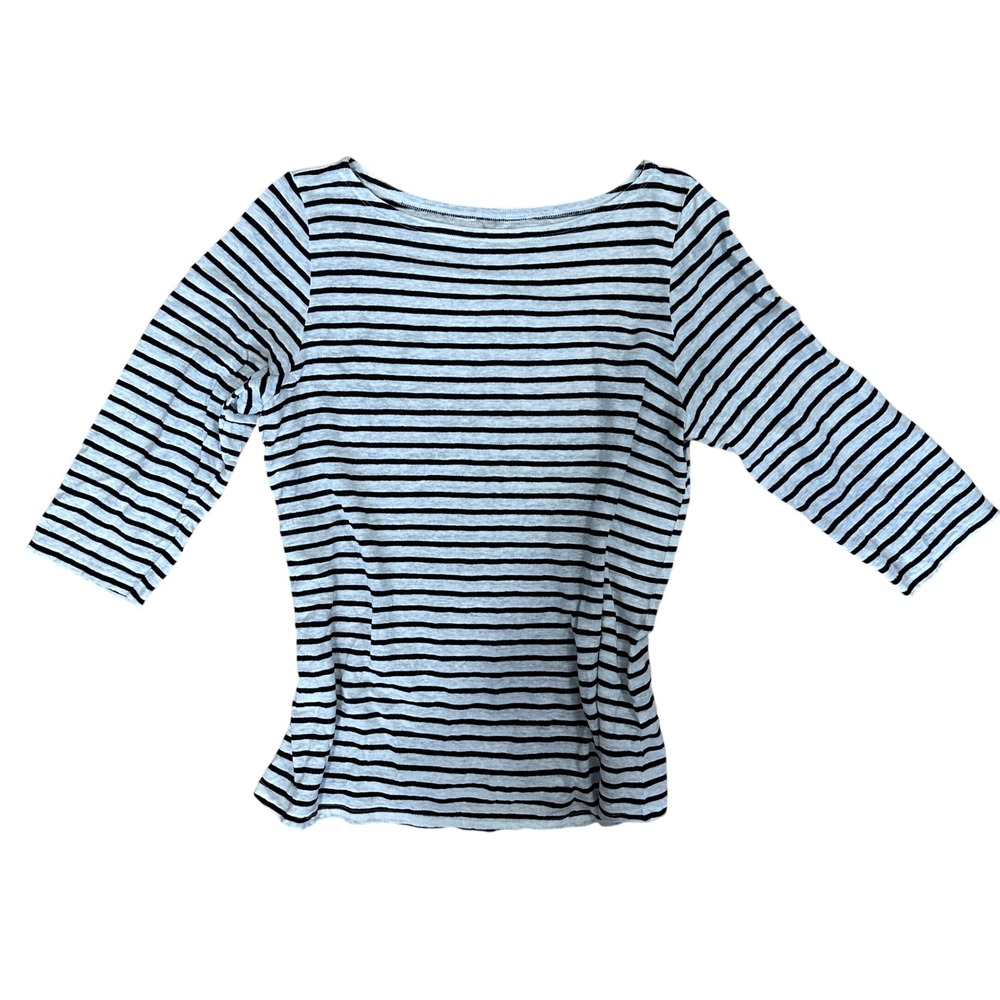 Eileen Fisher Striped Top Womens Large White Black Organic Linen 3/4 Sleeve Boat
